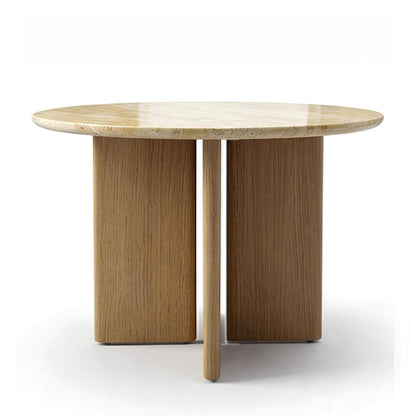 ARCADIA Natural Travertine 47-inch Round Dining Table with Glossy Finish and Natural Oak Legs