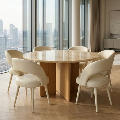 ARCADIA Natural Travertine 47-inch Round Dining Table with Glossy Finish and Natural Oak Legs