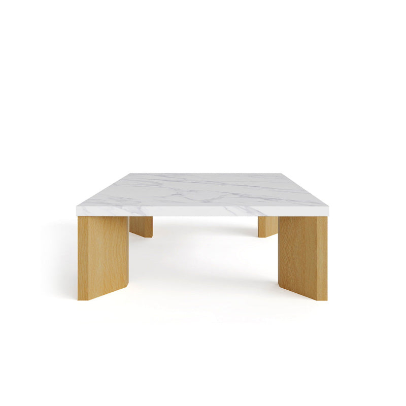 Syley Modern Square Coffee Table, natural oak base, Snow Mountain White tabletop, front view