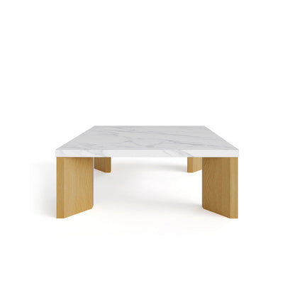 Syley Modern Square Coffee Table, natural oak base, Snow Mountain White tabletop, front view