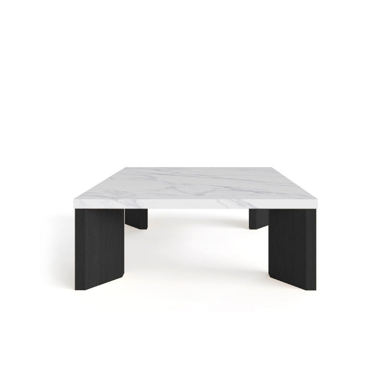 Syley Modern Square Coffee Table, black oak base, Snow Mountain White tabletop, front view
