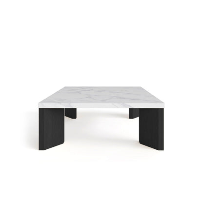 Syley Modern Square Coffee Table, black oak base, Snow Mountain White tabletop, front view