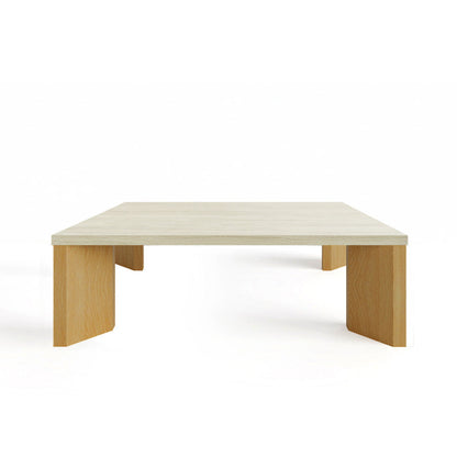 Syley Modern Coffee Table, natural oak base, White Travertine tabletop, front view