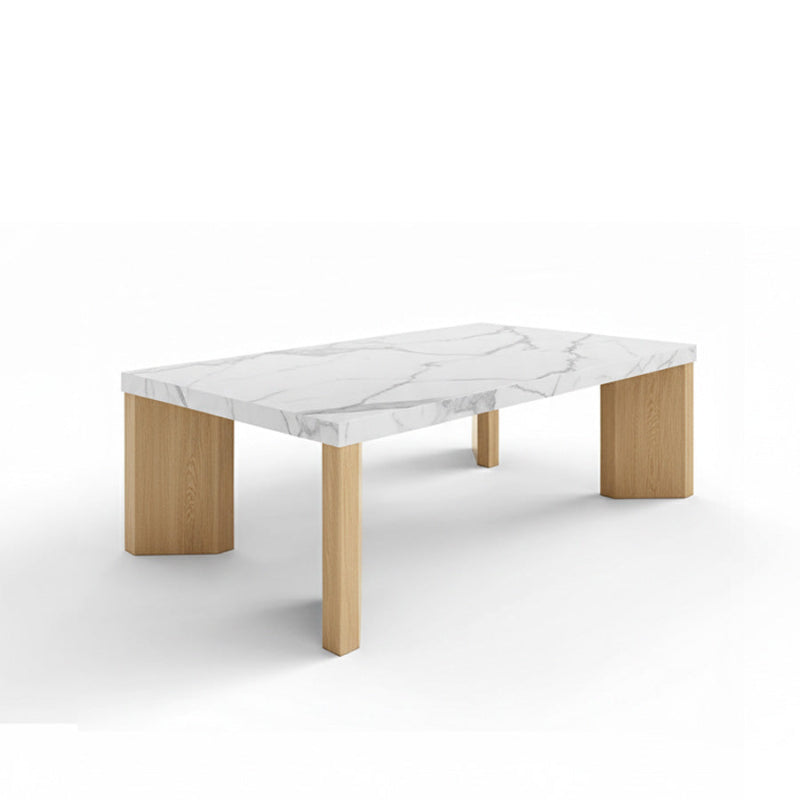 Syley Modern Coffee Table, natural oak base, Snow Mountain White tabletop, 45-degree angle