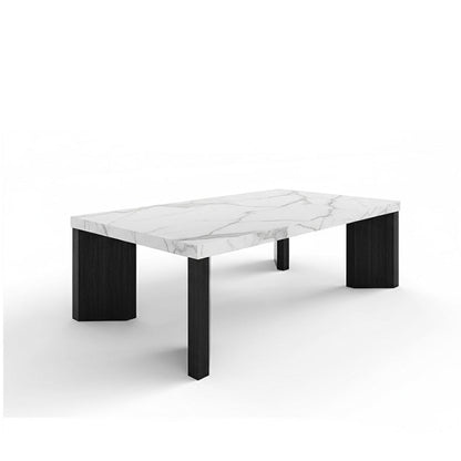 Syley Modern Coffee Table, black oak base, Snow Mountain White tabletop, 45-degree angle
