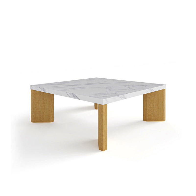 Syley Modern Square Coffee Table, natural oak base, Snow Mountain White tabletop, 45-degree angle